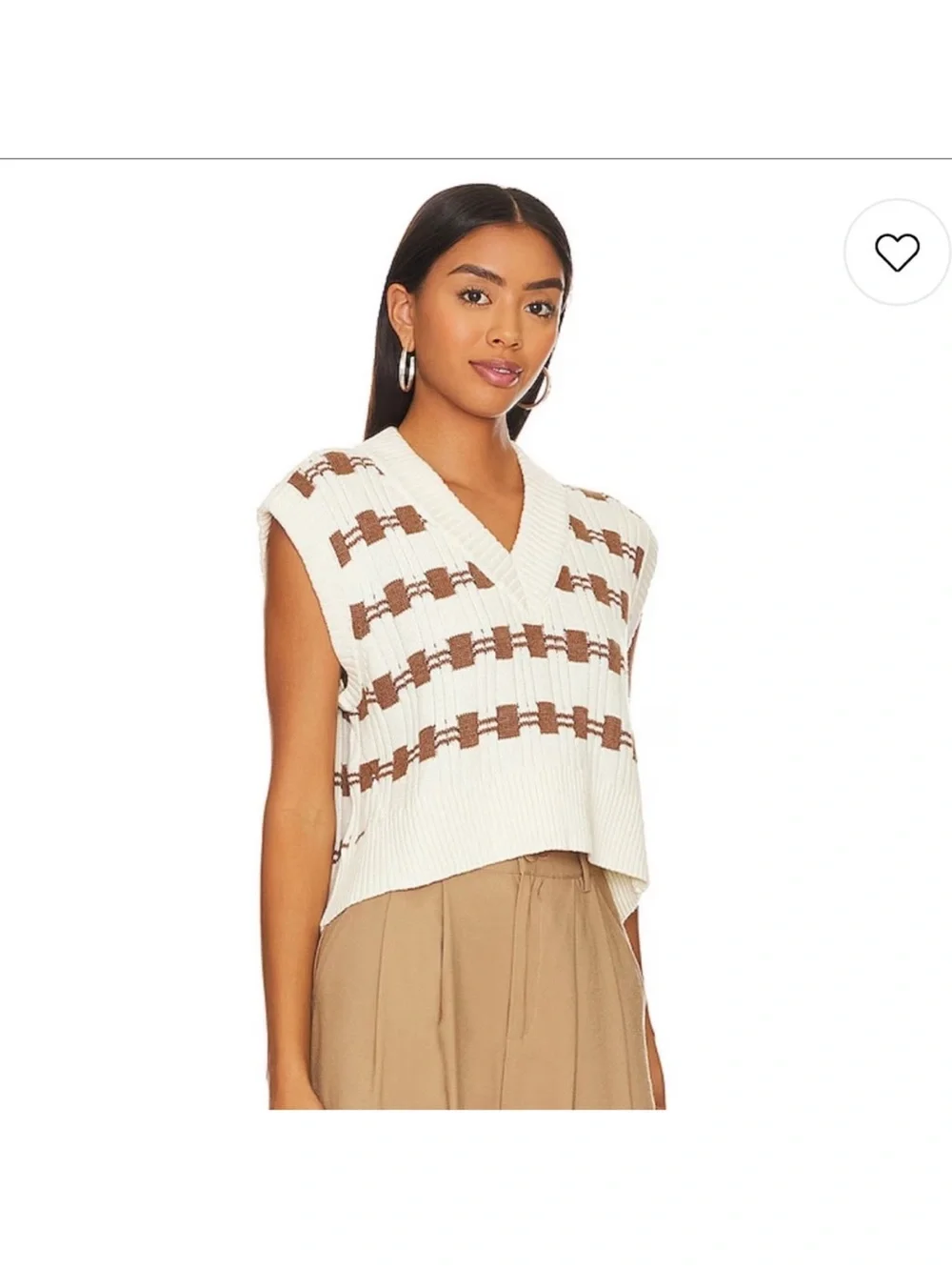 L'Academie Cropped V-Neck Knit Vest in Cream and Brown